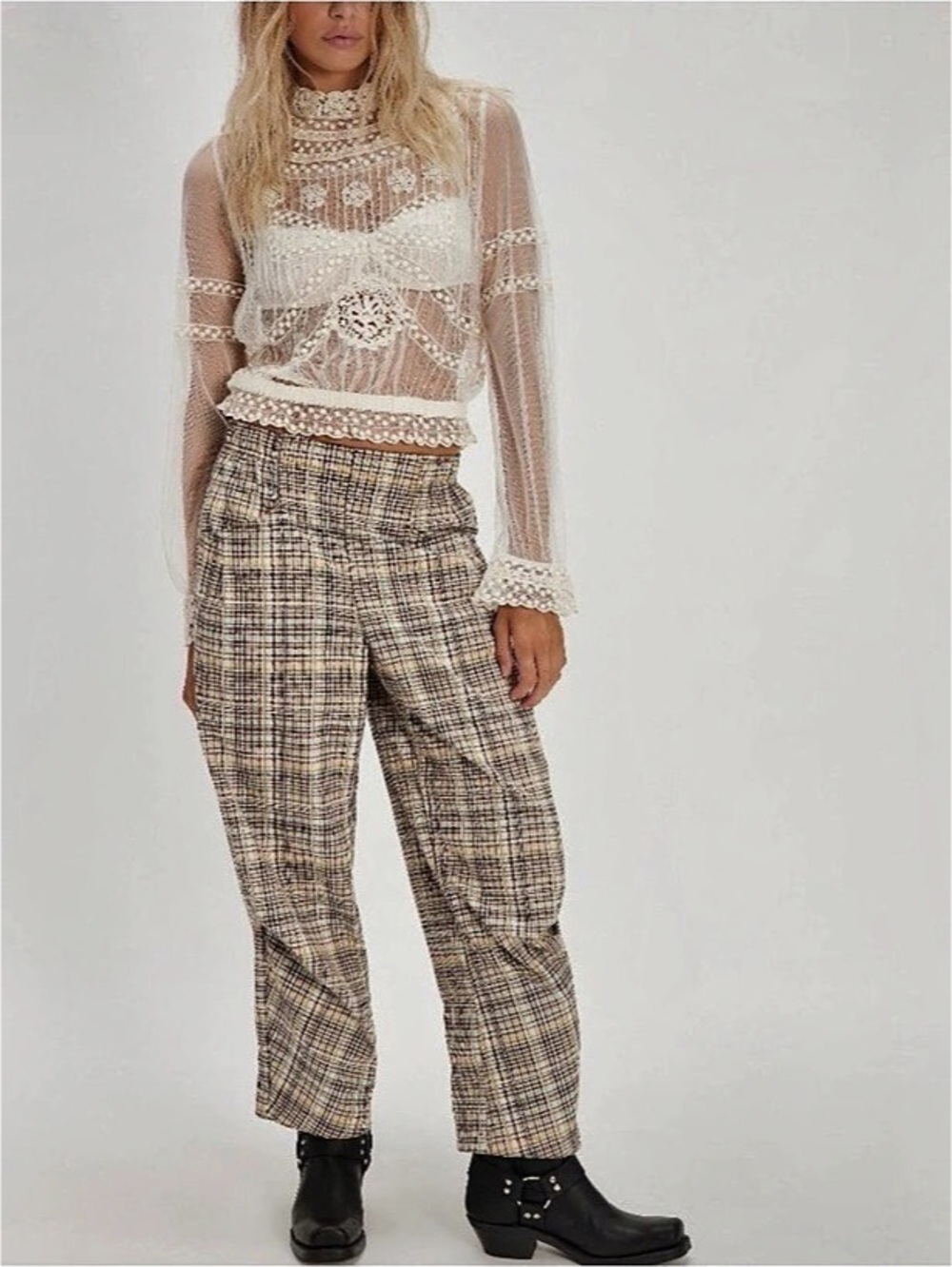Free People Nice Choice Plaid Trousers Brown & Black 🌷NWT